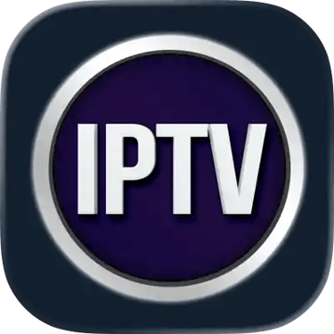 IPTV app icon with bold white text inside a silver circular frame on a dark background.