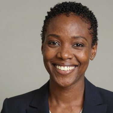 A smiling woman with curly hair enjoying a sunny outdoor cafe.