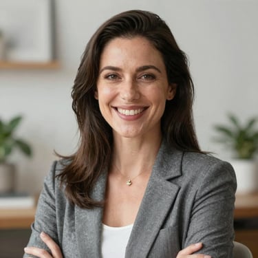 A smiling woman holding a 9thfire personal development guide in a cozy home office.