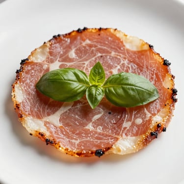 A single slice of elevated provoleta, perfectly golden and caramelized on the edges, topped with a single pristine basil leaf, macro focus, 35mm