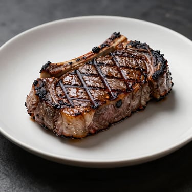 A pristine cut of dry-aged Argentine ribeye, perfectly seared with clean grill marks, served on a warm ceramic plate, dramatic side-lighting, 35mm