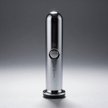 Straight-on studio shot of a compact bullet vibrator in chrome-finish ABS plastic on white surface, overhead directional light showing cylindrical form and button detail, no people