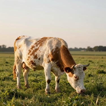 A white cow with soft brown patches grazing peacefully in a lush green pasture, warm golden hour lighting.