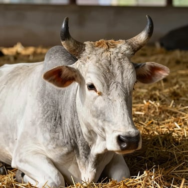 Close-up eye-level portrait of a light grey Gir cow with prominent curved horns, resting in a clean straw-bedded shelter under warm sunlight.