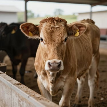A young light-brown calf standing in a clean feeding trough area, looking directly at the camera with soft natural daylight.