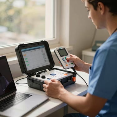 A medical operator in Luanda using a portable diagnostic kit, holding a compact monitoring device connected to a laptop, warm afternoon light streaming through a window.