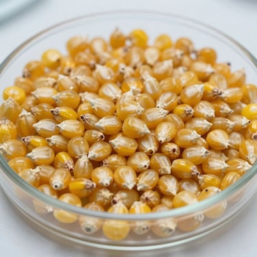 Close-up of golden hybrid maize seeds showing uniform size and clean texture in a laboratory dish.