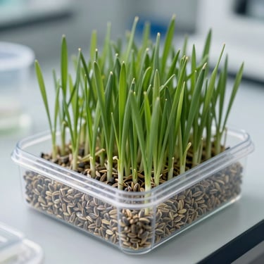 Vibrant green fodder grass seeds neatly packaged in a transparent testing container inside a clean lab.