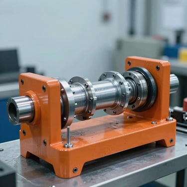 A massive orange and steel welding fixture holding an agricultural chassis component, precise locating pins visible, clean industrial environment with soft blue background light.