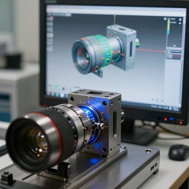 A technical inspection area showing a physical metal component aligned with its digital CAD model on a screen, blue light highlighting the precise measurement points.
