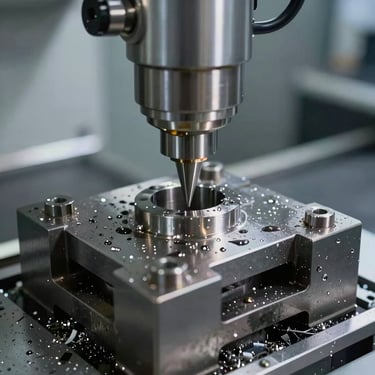 Close-up of a custom hydraulic clamping block on a CNC machining center, metal shavings and coolant fluid droplets, sharp focus on the locating nest.