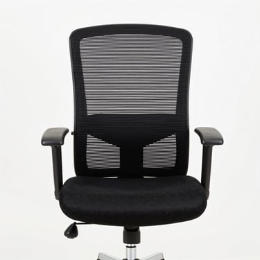 Studio straight-on shot of a black high-back executive office chair with armrests, mesh backrest, chrome base, against a clean white background, bright even lighting, no shadows