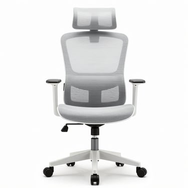 Studio straight-on shot of a white mesh-back ergonomic office chair with adjustable armrests, white five-star base with casters, against a clean white background, bright even studio lighting