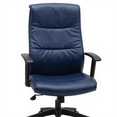 Studio straight-on shot of a navy blue mid-back office manager chair with padded armrests, bonded leather upholstery, black base with casters, against a clean white background, bright even lighting