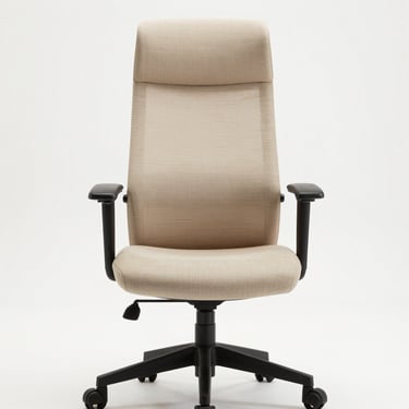 Studio straight-on shot of a compact beige fabric office task chair with no headrest, slim armrests, black base with casters, against a clean white background, bright even studio lighting