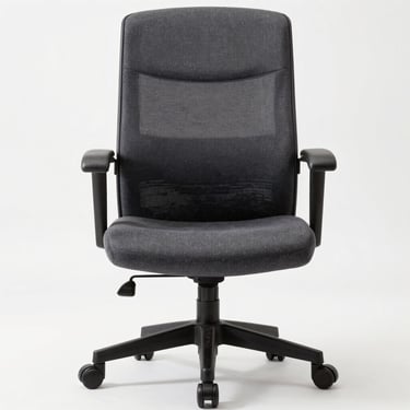 Studio straight-on shot of a heavy-duty dark gray office chair with extra-wide seat, reinforced armrests, heavy base with large casters, against a clean white background, bright even lighting