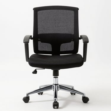 Studio straight-on shot of a simple black visitor office chair with no armrests, padded fabric seat, chrome four-leg base, against a clean white background, bright even lighting