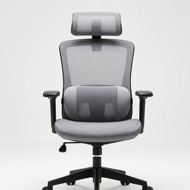Studio straight-on shot of a gray ergonomic office chair with lumbar support pad, adjustable headrest, fabric seat, black five-star base, against a clean white background, bright even lighting