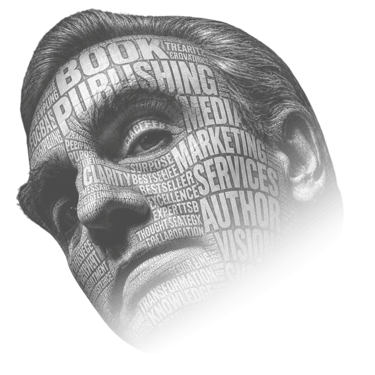 Black and white portrait of a man with typography face art featuring book publishing and marketing keywords.
