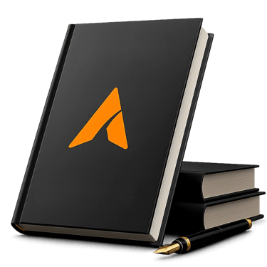 Elegant black hardcover book with orange logo of AuthorsTaks and fountain pen on dark background.