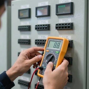 Close-up of a technician hands using a digital multimeter on a complex industrial control panel, bright direct work light, sharp focus on terminal blocks