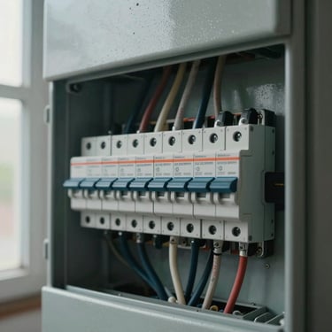 Close-up overhead view of a newly wired electrical panel in a Seville property, labeled circuit breakers, neat cable runs, overcast natural light from nearby window, no people
