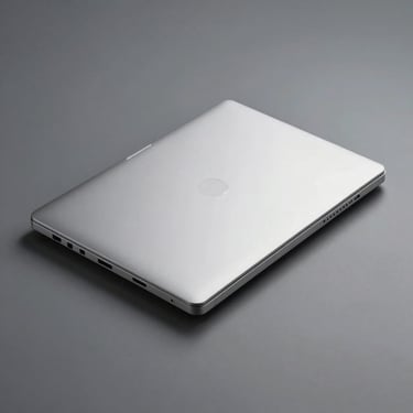 Three-quarter flat-lay of a commercial-grade business laptop closed on a neutral charcoal surface, overhead studio strobe, chassis detail and port array visible on one edge, clean shadows
