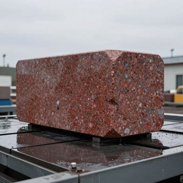 Massive block of red Ukrainian granite on a water-cooled cutting bed, water spray reflections, overcast light.
