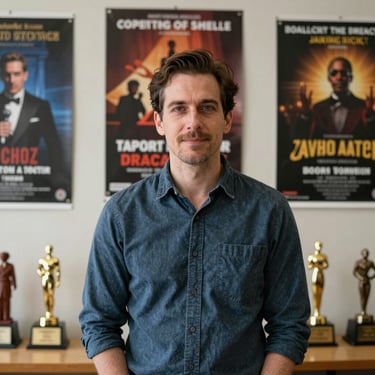 A portrait of a male performing arts educator in a North American / US school setting, standing in front of theater posters and awards.