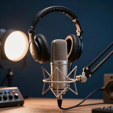 Studio close-up of a professional podcast microphone on a desk arm, broadcast headphones hanging on a stand behind it, warm tungsten studio light from the left, dark cobalt-toned background, cables and soundboard partially visible