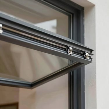 An awning window with a slim charcoal frame pushed outward, showing clean stainless steel friction stays.