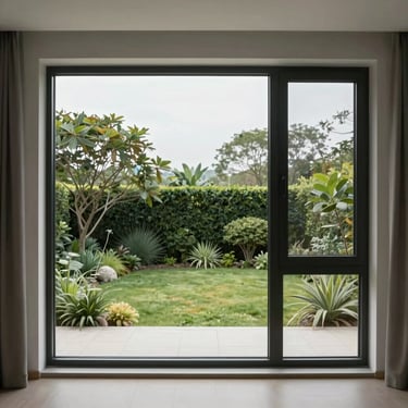 Dead-on architectural elevation of a large fixed uPVC window framing a minimalist garden view.