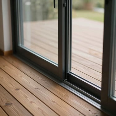 A wide double-glazed sliding door opening onto a modern timber deck, showcasing the low-profile threshold.