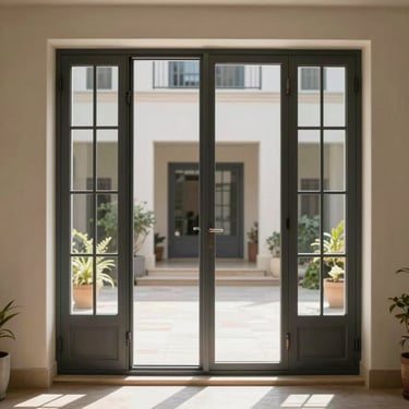 Elegant uPVC French doors with charcoal frames opening outward to a sunlit architectural courtyard.