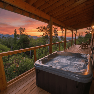 Steaming private hot tub on a secluded wooden deck overlooking the lush forest in Gatlinburg, Tennessee