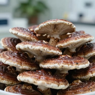 Close-up of Ganoderma lucidum, Reishi mushroom, varnished reddish-brown cap, clean laboratory setting, soft daylight.