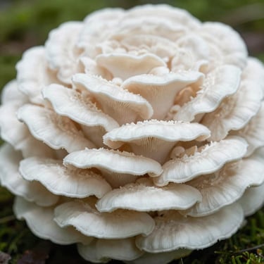 Grifola frondosa, Maitake mushroom, layered fan-shaped clusters, crisp focus, soft natural lighting.