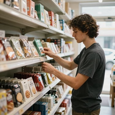 A small retail store owner organizing shelves stocked with goods, bright daylight, candid side profile.