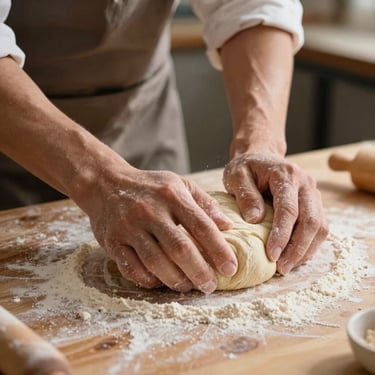 A local baker kneading dough on a flour-dusted wooden table, natural warm morning light, close-up shot.