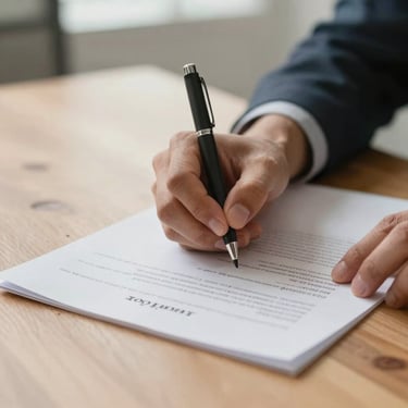 Close-up of hands signing a simple paper document on a clean wooden desk, soft natural daylight.