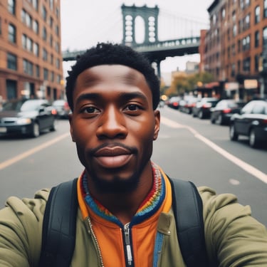 A confident young man wearing a bold red and gold hoodie from Own Your African Roots, standing against an urban mural.