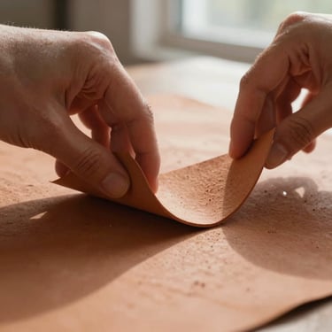 Macro shot of hands carefully folding textured terracotta-colored paper under soft morning window light, paper dust visible, warm shadows.