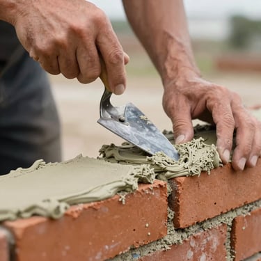 Close-up of a mason's hands using a tuckpointing trowel to strike fresh, light-gray lime mortar into a clean brick joint, overcast outdoor light.