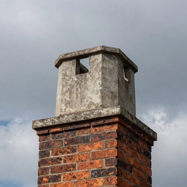 A newly reconstructed concrete chimney crown installed atop a historic brick chimney, shot from a low angle against a dramatic overcast sky.