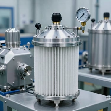 High-efficiency coalescing air filter housing with pressure differential indicator, clean industrial setup, cool metallic tones, 35mm lens