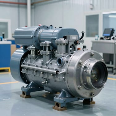 Crisp industrial photography of a heavy-duty rotary screw air compressor in a modern clean factory setting, cool metallic tones, sharp focus, 35mm lens