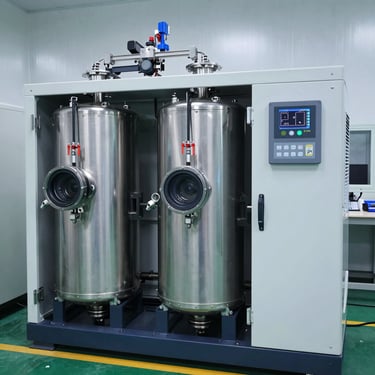 PSA nitrogen generator system with twin tower design and digital control panel in a clean technical room, sharp focus, 35mm lens