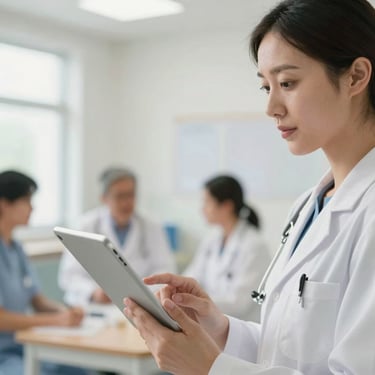 Close-up of a female community health strategist holding a tablet in a brightly lit community clinic.