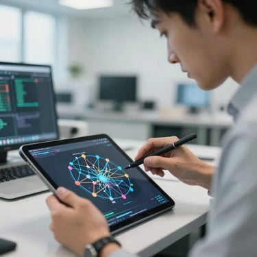 Close-up of a male machine learning engineer analyzing neural network weights on a tablet in a bright research office.