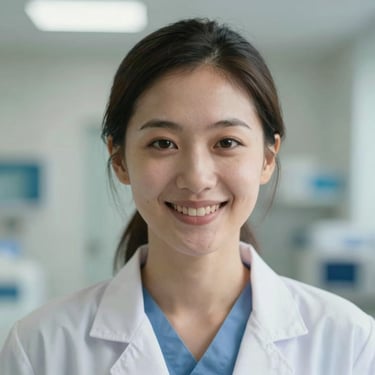 Close-up of a female clinical researcher in a modern Essex hospital setting, smiling warmly, soft natural light.